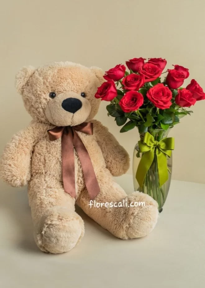 Jarron de rosas y peluche dia de la madre floristeria en cali