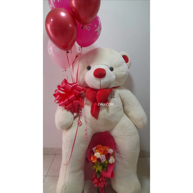 Oso de peluche con ramo y globos en cali