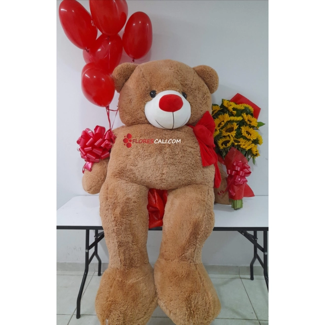 Oso de peluche con ramo y globos en cali