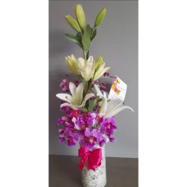Orquídea en matera con lirios en cali