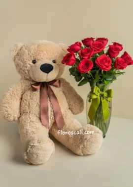Jarron de rosas y peluche dia de la madre floristeria en cali